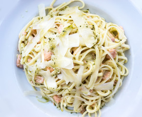 tasty pasta with salmon on a the table