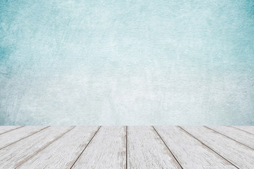 Perspective vintage white wood over blue cement wall background