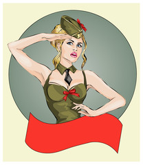 Pin-Up Sexy girl in military uniform saluting 23 February