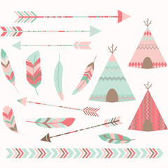 Pink Tribal Tee pee Tents set.Arrow,Border,Feather.Vector illustration