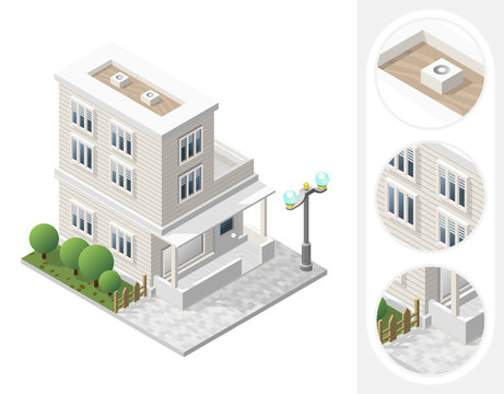 Isometric High Quality City Element with 45 Degrees Shadows on White Background. Residential