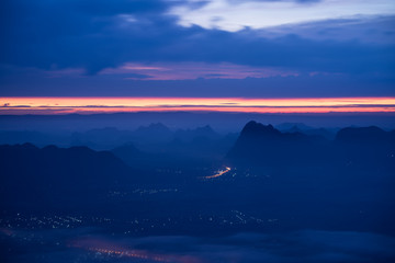 Dawn over mountain in the morning from viewpoint, travel nature concept.