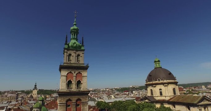 Lviv morning roofs and streets aerial view, Ukraine