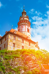 Castle tower against blue sky in Cesky Krumlov, Czech Republic