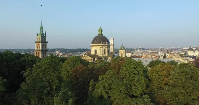 Lviv morning roofs and streets aerial view, Ukraine 