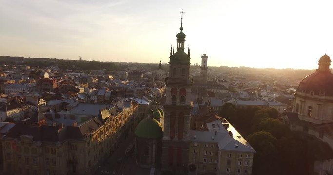 Aerial Old City Lviv, Ukraine. European City. Densely populated areas of the city. Sunny.