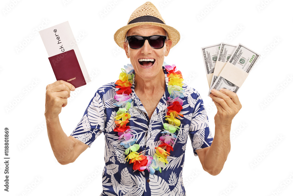 Wall mural Elderly tourist holding stacks of money