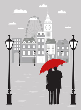 Man and woman with umbrella in London.