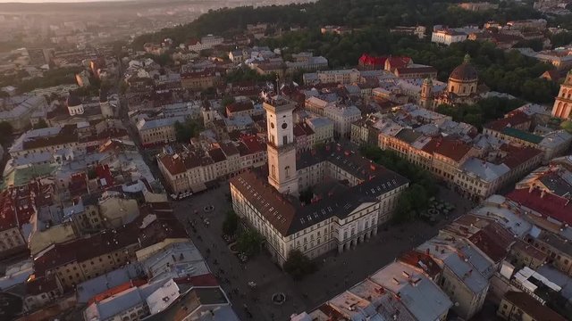 Aerial Old City Lviv, Ukraine. Central part of old city. European City. Densely populated areas of the city. Town hall. Lviv central. Ratush after rain