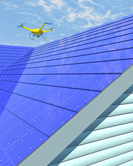 3D render of UAV drone inspecting an integrated solar shingle roof. Fictitious UAV and generic solar panels; lens flare, depth-of-field and motion blur for dramatic effect.