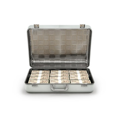 Briefcase ransom yen / 3D illustration of stacks of ten thousand yen notes inside metal briefcase