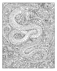 Hand drawn snake against zen floral pattern background