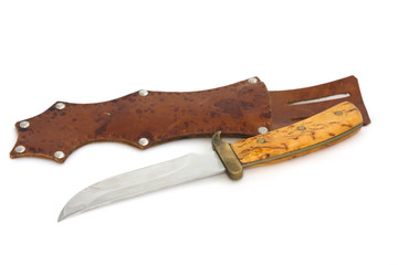 Hunting knife and sheath on white background