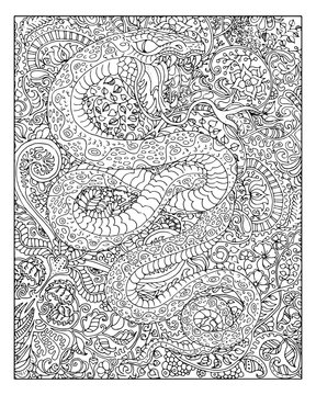 Hand drawn snake against zen floral pattern background