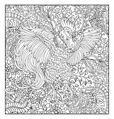 Hand drawn rooster against zen floral pattern background