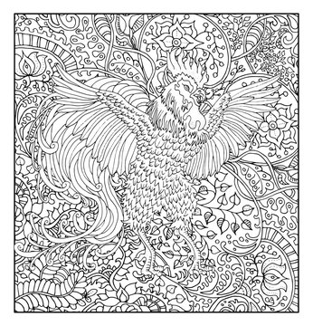 Hand drawn rooster against zen floral pattern background