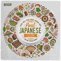 Set of Japanese food cartoon doodle objects, symbols and items