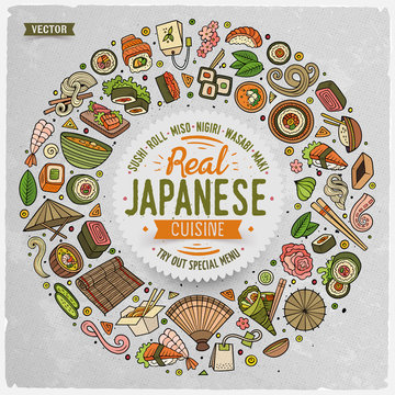 Set of Japanese food cartoon doodle objects, symbols and items