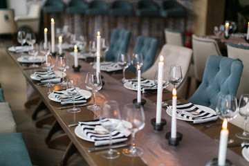 Wedding decor. Wedding interior. Festive decor. Table decor. Table layout. Restaurant interior.