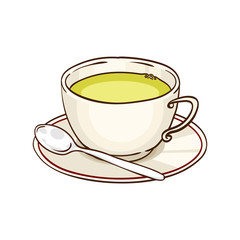 Cup of green tea with saucer and teaspoon. Vector hand drawn illustration, isolated on white