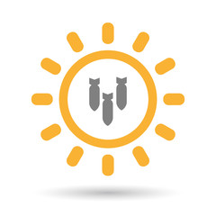 Isolated line art sun icon with three bombs falling