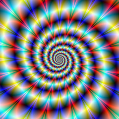 Psychedelic Twister / An abstract fractal image with a spiral twister design in red blue turquoise and yellow