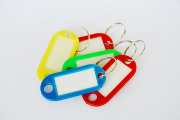 colorful plastic name tag on white background