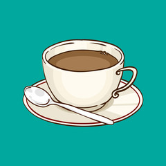 Cup of coffee or black tea with saucer and teaspoon. Vector hand drawn illustration