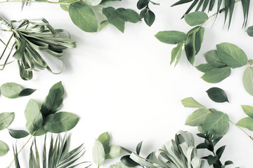 frame with flowers, branches, leaves and petals isolated on white background. flat lay, overhead view