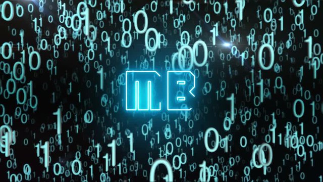Seamless looping animation with the word MB composed into falling bluish binary code