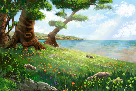 The River Bank with Flowers and Trees. Video Game's Digital CG Artwork, Concept Illustration, Realistic Cartoon Style Background
