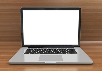 Laptop with blank screen on a wooden background