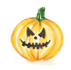 Watercolor scary pumpkin. Spooky face for Halloween. October festival.