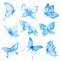 Watercolor butterflies set. Blue butterflies on white background. Beautiful fragile creatures for decoration.