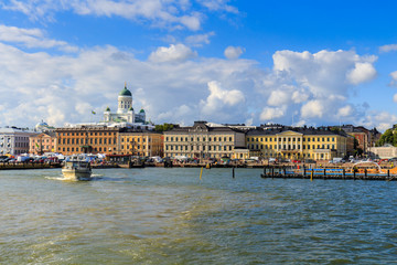 Fototapeta premium Panorama Of Embankment In Helsinki At Summer Sunset Evening, Sunrise Morning, Finland. Cityscape View From Sea