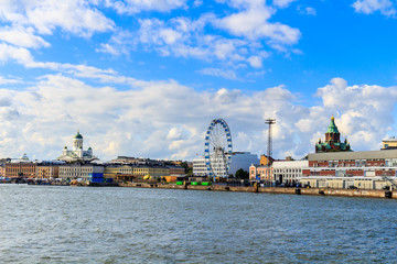 Panorama Of Embankment In Helsinki At Summer Sunset Evening, Sunrise Morning, Finland. Cityscape View From Sea