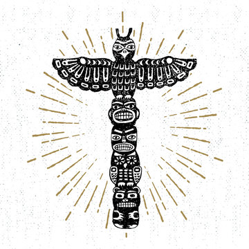 Hand drawn tribal icon with a textured totem pole vector illustration.