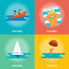 Summer holidays vector illustration. People on banana boat. Man sunbathes on beach under the sun. Seascape with sailing yacht. Man with parachute. Beach activities. Concept of holiday at sea.