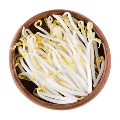 Mung bean sprouts in a bowl on white background. Also moong bean or green gram, simply called bean sprouts. Vigna radiata. Edible, raw and vegan food. Isolated macro photo close up from above.
