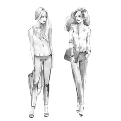 Street fashion 1. Girls. Black and white watercolor illustration