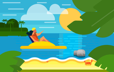 Summer banner vector illustration. Seascape with couple on yellow water bike. Summer beach with sea crab, palm trees and sunset. Tropical scenery. Natural seascape. Summer vacation