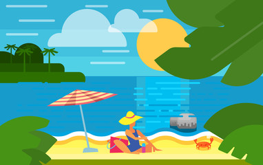 Fototapeta na wymiar Summer banner vector illustration. Sexy girl in blue swimsuit sunbathes on beach under striped umbrella. Summer beach with sea crab, palm trees and sunset. Tropical scenery. Natural seascape.