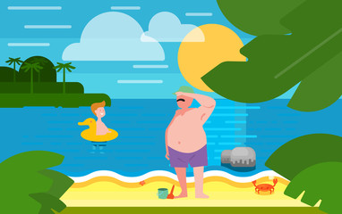 Obraz premium Summer banner vector illustration. Father with little son in swimming trunks on the beach. Family holiday. Summer beach with sea crab, palm trees and sunset. Tropical scenery. Natural seascape.