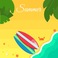 Summer banner vector illustration. Colorful striped surfboards on beach. Surfing concept. Sand beach with sea crab, palm leaves and starfish. Summer background. Natural landscape. Summer rest