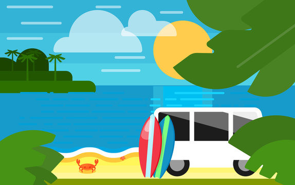 Summer banner vector illustration. Colorful surfboards stand near white mini van. Surfing concept. Summer beach with sea crab, palm trees and sunset. Tropical scenery. Natural seascape.