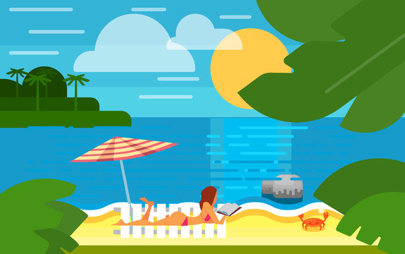 Summer banner vector illustration. Sexy girl in red swimsuit sunbathes on beach under striped umbrella. Summer beach with sea crab, palm trees and sunset. Tropical scenery. Natural seascape.