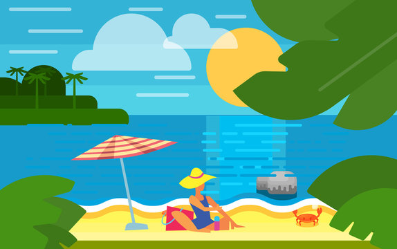 Summer banner vector illustration. Sexy girl in blue swimsuit sunbathes on beach under striped umbrella. Summer beach with sea crab, palm trees and sunset. Tropical scenery. Natural seascape.