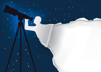 Astronomer with telescope background.
Paper background with astronomer silhouette with telescope. Template with place for your image or text. Vector available.
