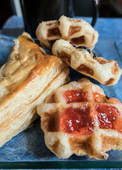 Waffles, chicken pie