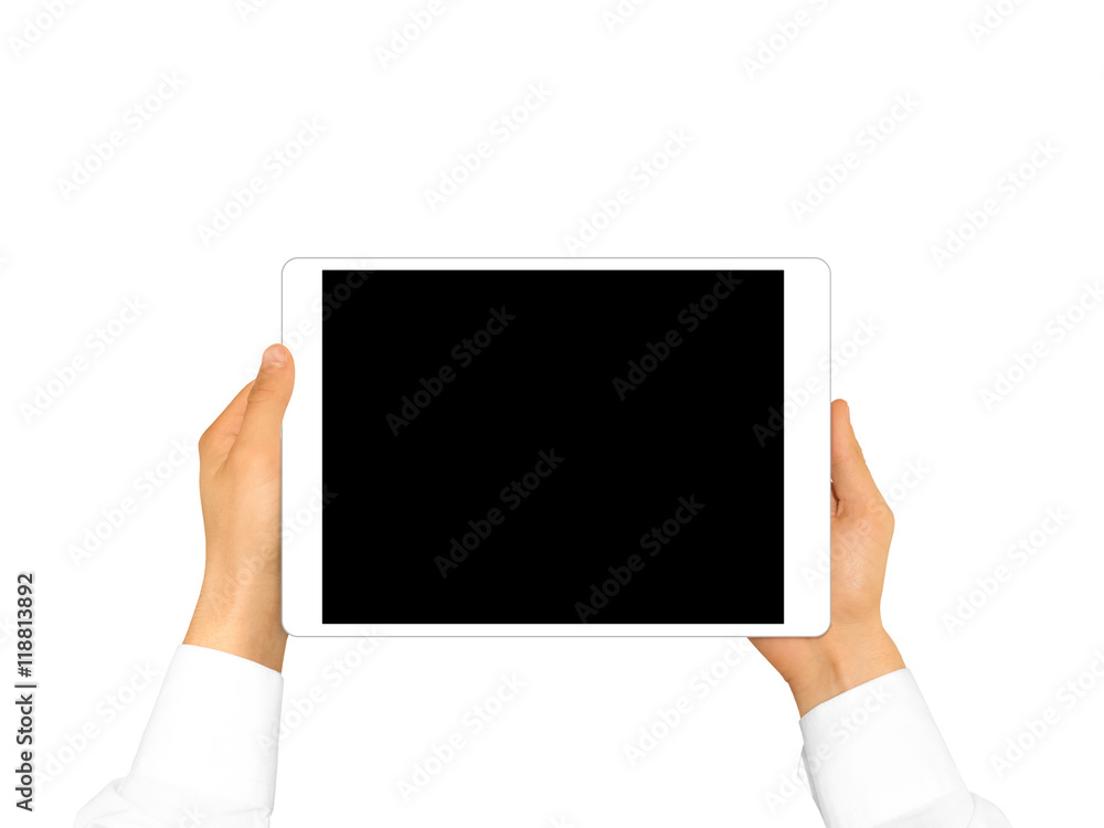 Poster hand holding blank tablet mock up isolated. new portable pc screen presentation. empty display devic